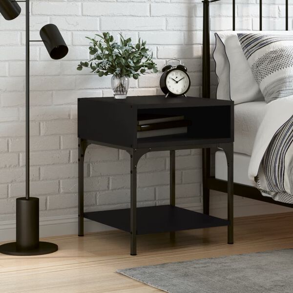 vidaXL Bedside Table Black Engineered wood, Iron Adjustable Feet