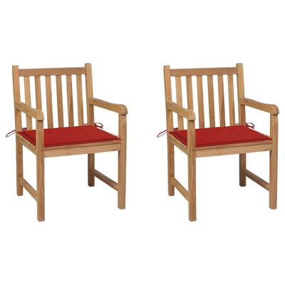 vidaXL Patio Chairs 2 pcs with Red Cushions Solid Teak Wood