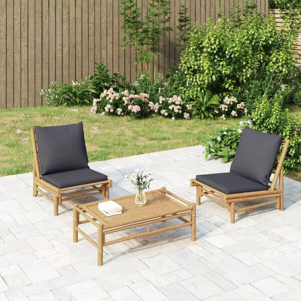 vidaXL Garden Lounge Set Natural bamboo, Dark grey cushions
