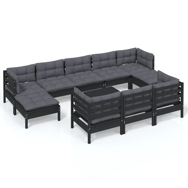 vidaXL Garden Lounge Set Black Solid pine wood, 100% polyester fabric