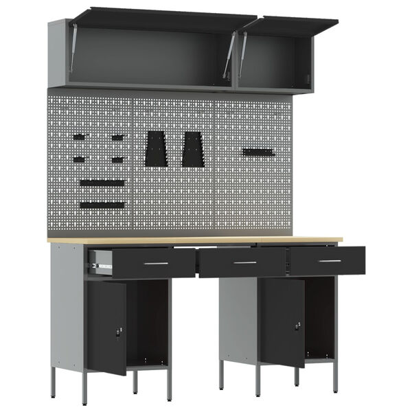 vidaXL Work Bench with Drawer 8 pcs Black 150 x 55 x 200 cm Steel