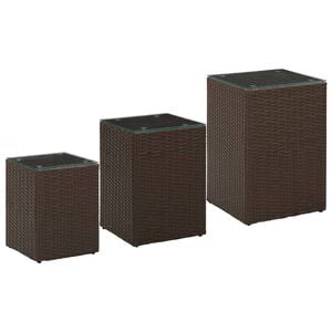 vidaXL Side Table Set of 3 Brown Poly rattan, glass, metal