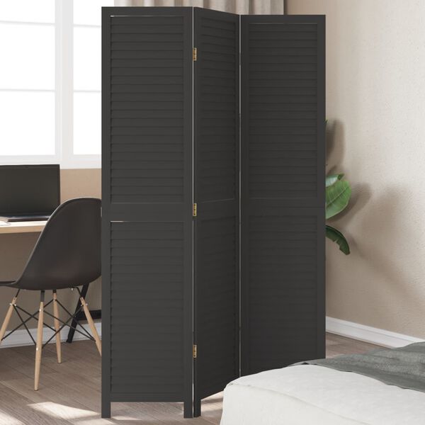 vidaXL Room Divider 3 Panels Black Solid Wood Paulownia