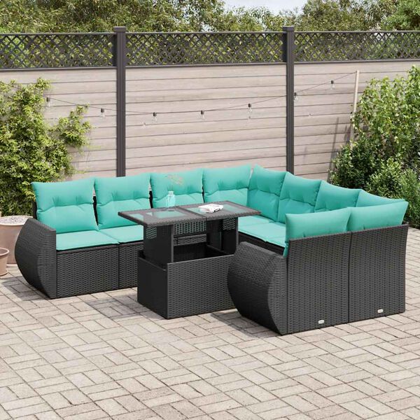vidaXL 9 Piece Patio Sofa Set with Cushions Black Poly Rattan Acacia
