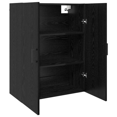 Open black wood cabinet showing interior shelves