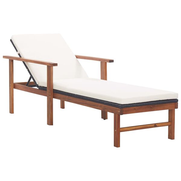 vidaXL Sunlounger Black, Cream White Poly Rattan, Acacia Wood, Polyester