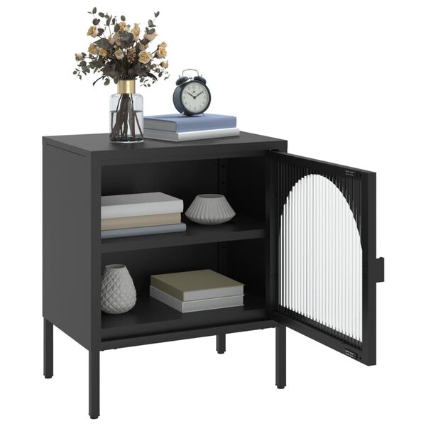 vidaXL Nightstand Black Powder-coated steel, fluted glass