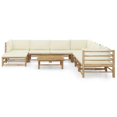 vidaXL 9 Piece Patio Lounge Set with Cream White Cushions Bamboo