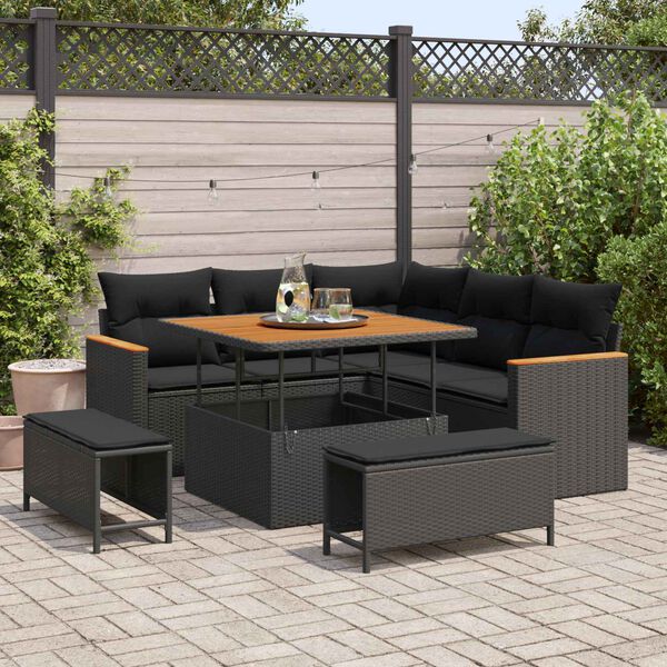 vidaXL Garden Sofa Set 8 pcs Black Poly Rattan