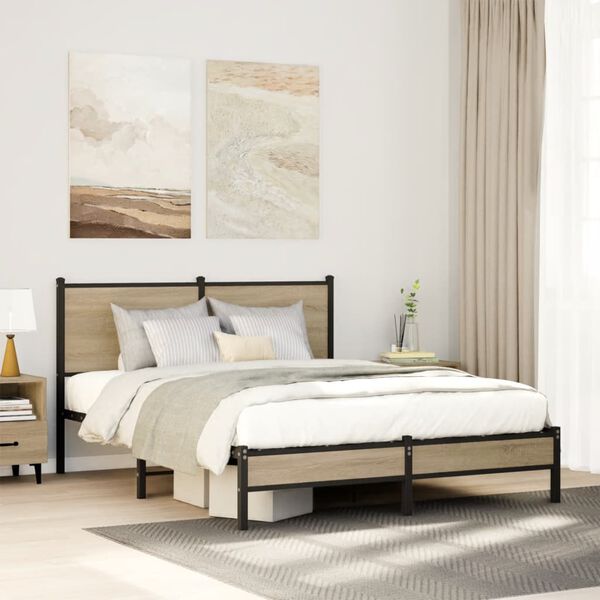 vidaXL Bed Frame Sonoma oak Steel, Engineered wood Double Bed Frame
