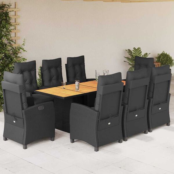 vidaXL 9 Piece Patio Dining Set with Cushions Black Poly Rattan