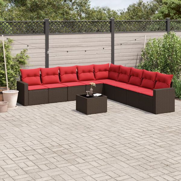 vidaXL 10 Piece Patio Sofa Set with Cushions Brown Poly Rattan