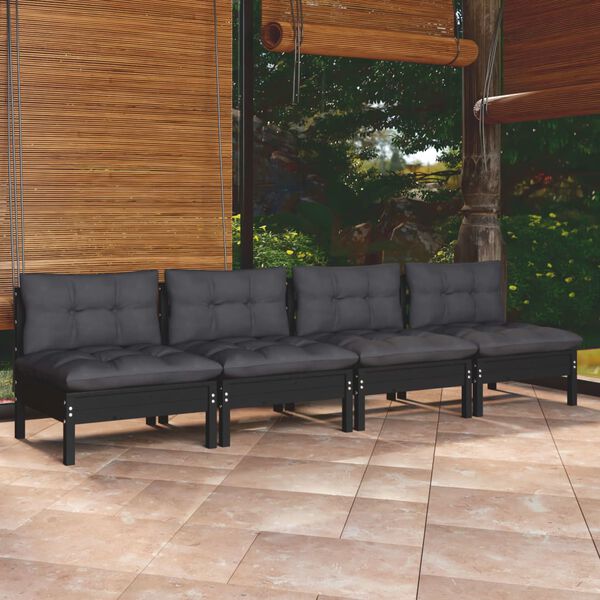 vidaXL 4-seater Garden Sofa Black Solid Pinewood 4-Seater Modular