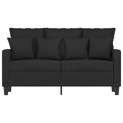 Front view of a black fabric sofa with two seat cushions and three back cushions