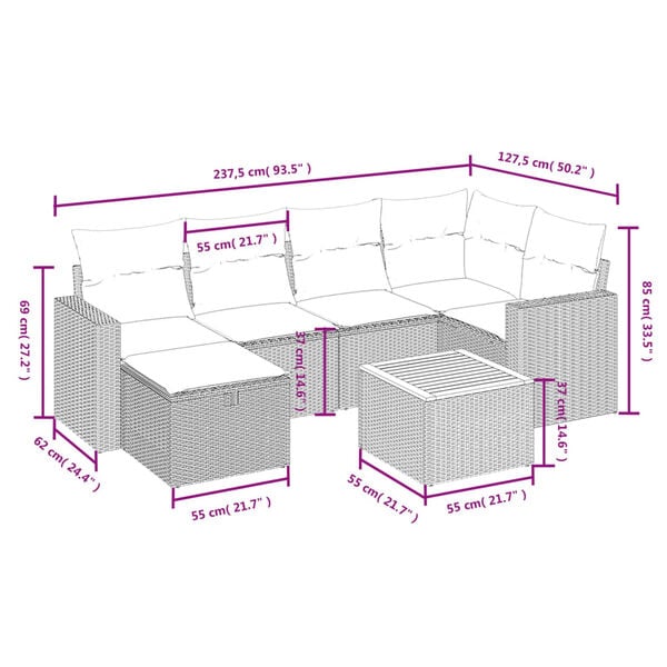 vidaXL 7 Piece Patio Sofa Set with Cushions Gray Poly Rattan