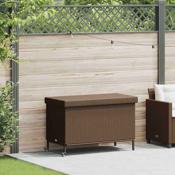 vidaXL Patio Storage Box with Wheels Brown 43.3x21.7x28.7" Poly Rattan