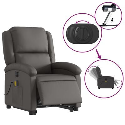 Grey recliner with circular inset showing a detachable headrest/pillow and a nearby charger symbol, indicating reclining controls.