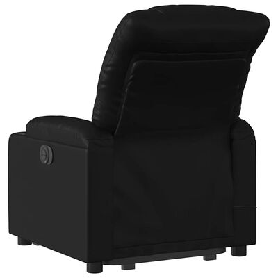 Rear view of black recliner chair showing back pocket and side panel.