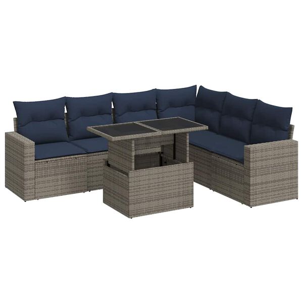 vidaXL 7 Piece Patio Sofa Set with Cushions Black Poly Rattan Acacia