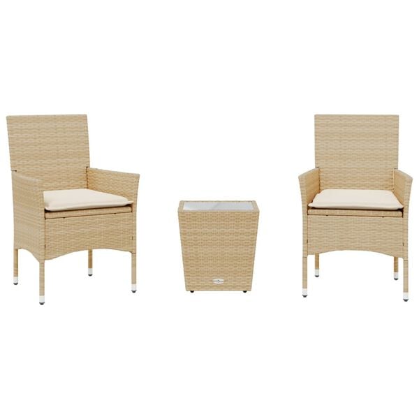 vidaXL 3 Piece Bistro Set with Cushions Beige Poly Rattan and Glass
