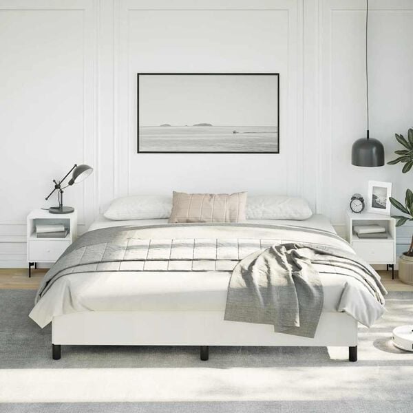 vidaXL Bed Frame White Faux leather, plywood, engineered wood King