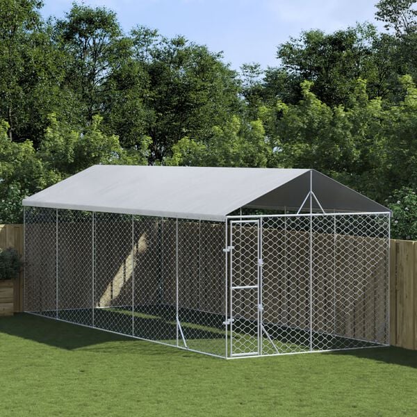 vidaXL Outdoor Dog Kennel Silver Galvanized Steel 9.8x24.6x8.2 ft Tough