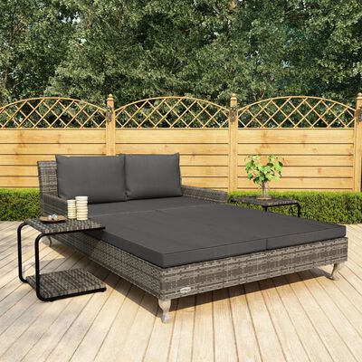 vidaXL 2-Person Patio Sun Bed with Cushions Poly Rattan Gray