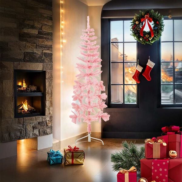 vidaXL Slim Artificial Half Christmas Tree Pink PVC, Steel Slim