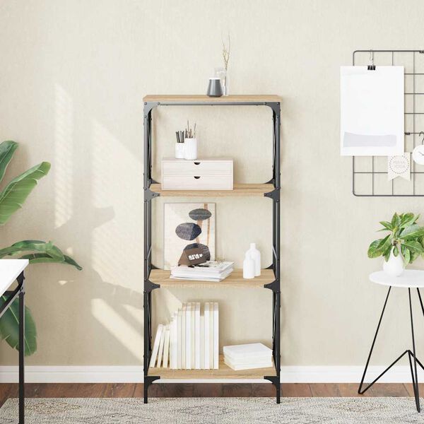 vidaXL Bookcase Sonoma Oak Engineered Wood, Metal 4-Tier Adjustable Feet