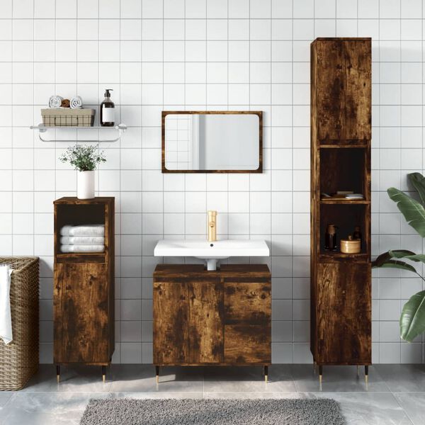 vidaXL Bathroom Cabinet Smoked Oak Engineered Wood, Iron Tall