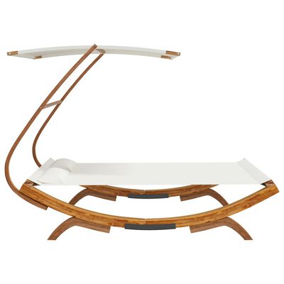 Side perspective of curved wooden frame daybed with white mattress and canopy rail, modern furniture design.
