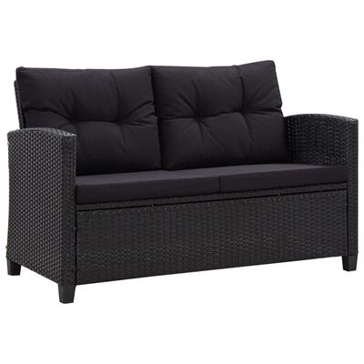 vidaXL 2-Seater Patio Sofa with Cushions Black 48.8" Poly Rattan