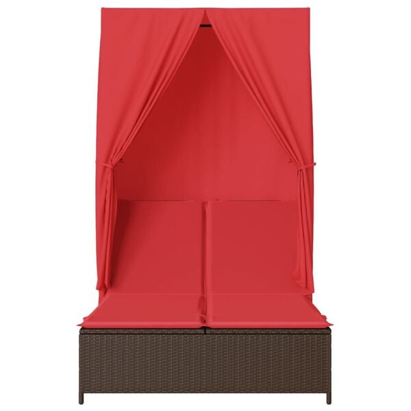 vidaXL Double Sun Lounger with Roof and Curtains Brown Poly Rattan