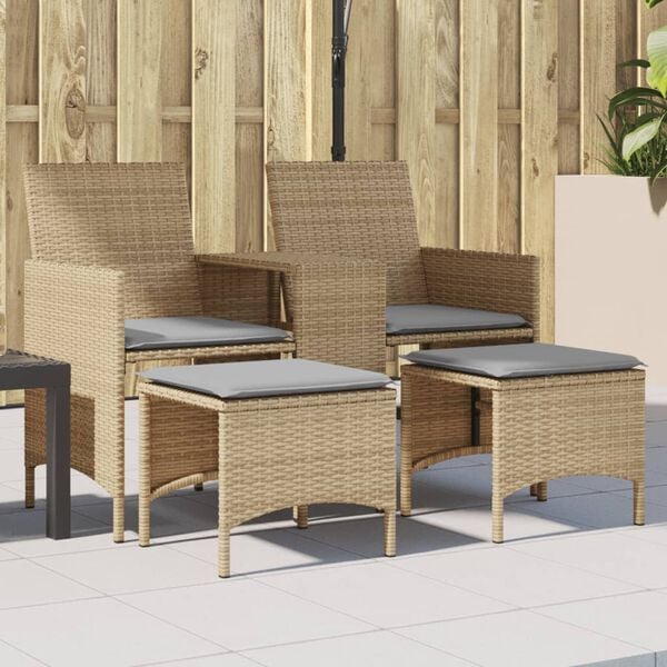 vidaXL Patio Sofa 2-Seater with Table and Stools Beige Poly Rattan