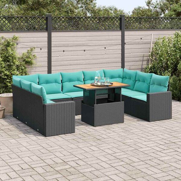 vidaXL 10 Piece Patio Sofa Set with Cushions Black Poly Rattan