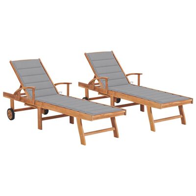 vidaXL Sun Loungers 2 pcs with Gray Cushion Solid Teak Wood
