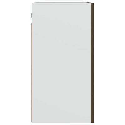 Tall white cabinet with wood veneer side showing edge detail.
