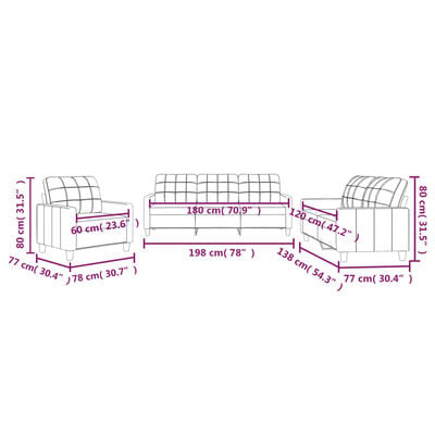 Dimension diagram of a sofa set showing measurements in centimeters and typical sectional layout.