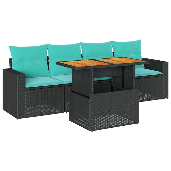 vidaXL 5 Piece Patio Sofa Set with Cushions Black Poly Rattan
