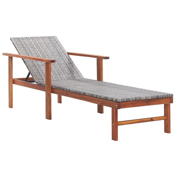 vidaXL Sunlounger Grey Poly Rattan, Solid Acacia Wood Standard