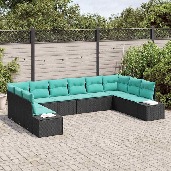 vidaXL Garden Sofa Set 10 pcs Black and Turquoise Poly Rattan