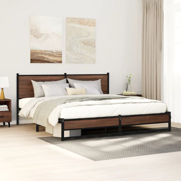 vidaXL Bed Frame Brown Oak Steel, Engineered Wood Super King Bed Frame
