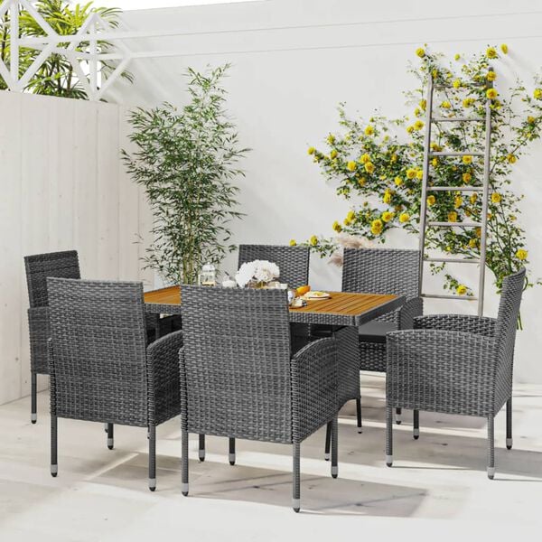 vidaXL Outdoor Dining Set Grey PE rattan, steel, solid acacia wood Compact