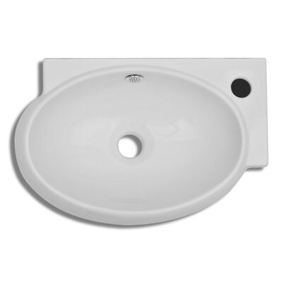 Ceramic Sink Basin Faucet and Overflow Hole Bathroom White