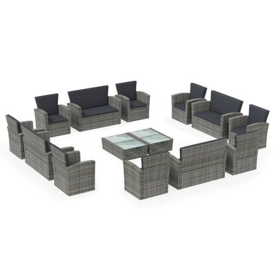 vidaXL 16 Piece Patio Lounge Set with Cushions Poly Rattan Gray