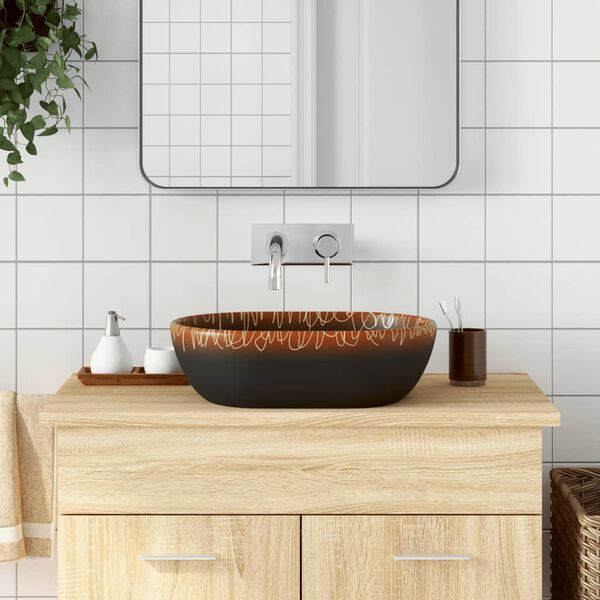 vidaXL Countertop Basin Black and Orange Oval 18.5x13.0x5.1" Ceramic
