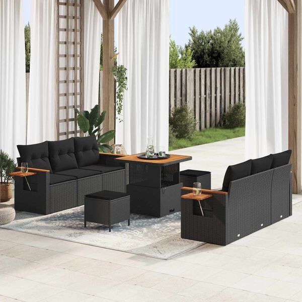 vidaXL Garden Sofa Set with Cushion 11 pcs Black Poly Rattan