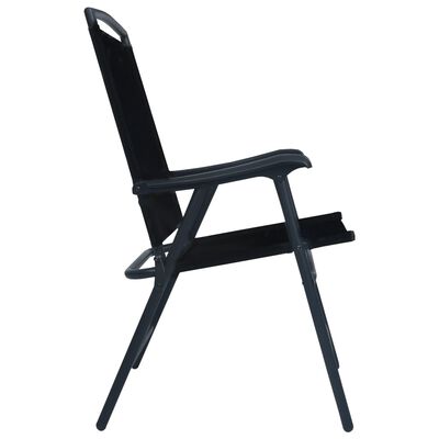 Side view of a reclining foldable chair with armrests, black.