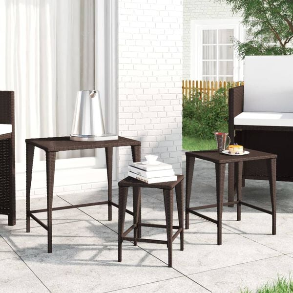 vidaXL Nesting Table Set of 3 Brown PE rattan, powder-coated steel