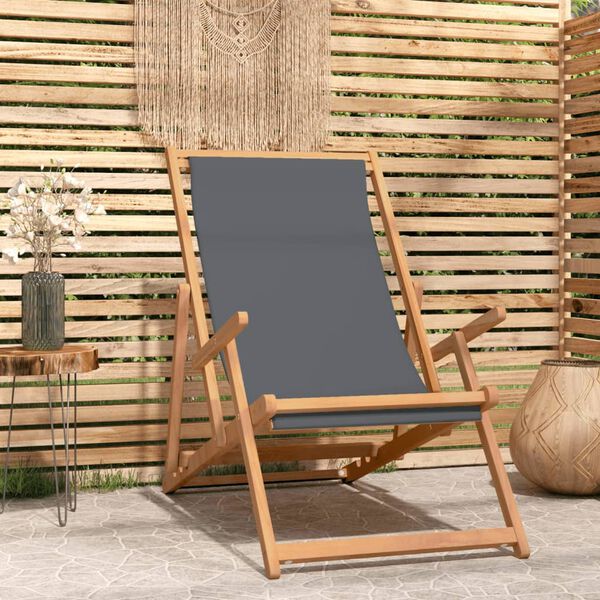 vidaXL Beach Chair Grey Solid Teak Wood, Polyester Standard Foldable